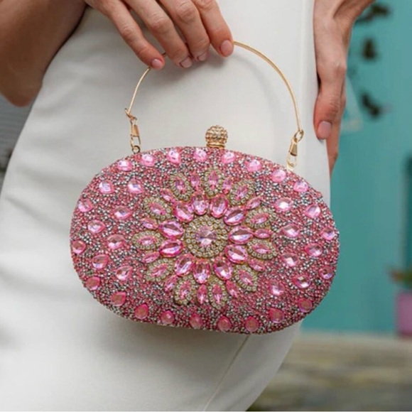 Ramla Handbags - Ramla Women's Pink Crystal Embellished Clutch Evening, NEW!